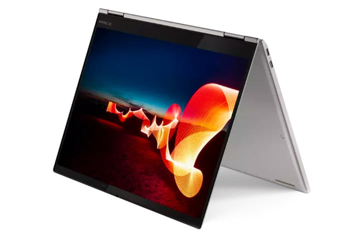A Lenovo ThinkPad X1 Yoga is positioned in tent mode.